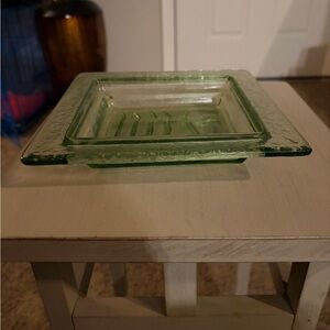 Vintage Style Green Textured Glass Square Dish | Soap Trinket Candy Plate 7 1/4”